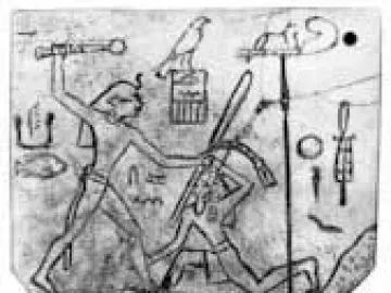 MacGregor plaque showing an ancient Egyptian relief of a standing figure raising a mace over a kneeling figure, with hieroglyphs and symbols around them.