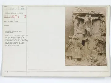 Canada\'s Golgotha bronze sculpture showing a Canadian soldier crucified on a wooden cross, with other uniformed figures standing below.