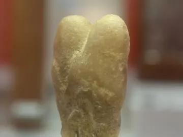 Ain Sakhri Lovers stone sculpture with two rounded lobes on a dark base.