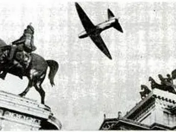 A low-flying airplane passes near the Victor Emmanuel II Equestrian Statue and a classical rooftop quadriga.