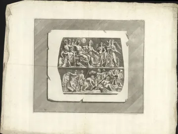 Antique black-and-white print of the Gemma Augustea showing its two-tiered relief with imperial figures above and soldiers, captives, and trophies below.