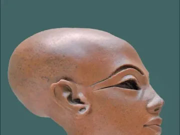 Profile view of the Head of a Princess sculpture with a smooth reddish-brown surface on a thin stand.