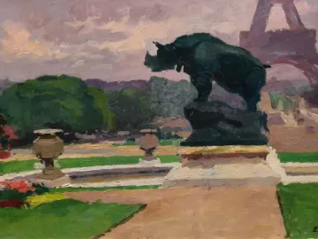 The Rhinoceros sculpture on a stone pedestal overlooking a park, with the Eiffel Tower faintly visible in the distance.