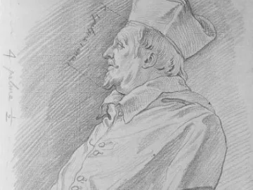 Pencil drawing of the Bust of Cardinal Scipione Borghese with handwritten notes and measurement lines.