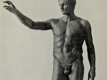 Antikythera Ephebe, a nude bronze male statue standing in contrapposto with one arm raised and extended forward.