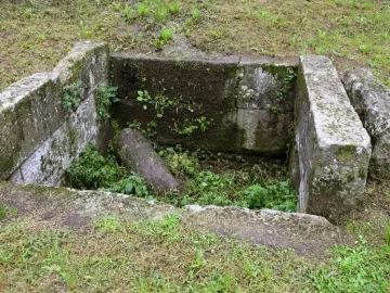Sunken stone Etruscan tomb structure with moss and weeds growing over the weathered blocks.