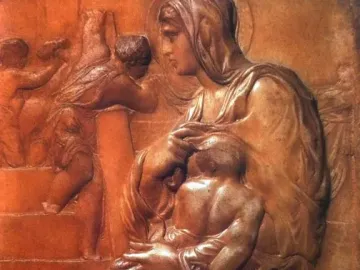 Madonna of the Stair relief carving showing a seated woman with a halo holding a child beside ascending steps and small figures.