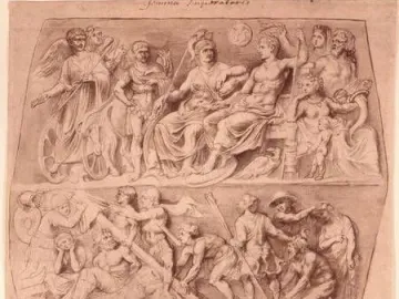 Sepia drawing of the Gemma Augustea showing a two-tiered classical relief with enthroned figures above and soldiers below.