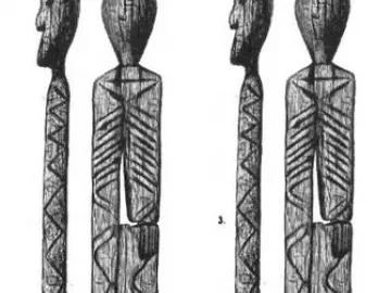 Illustration of the Shigir Idol showing carved geometric patterns and multiple human-like faces on its elongated wooden body.