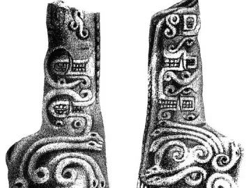 Black-and-white illustration of the Lanzón, a tall carved stone pillar with intricate figure and serpent-like designs.