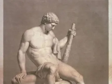 Monochrome engraving of Theseus and the Minotaur, showing a muscular figure seated atop the defeated bull-headed creature.