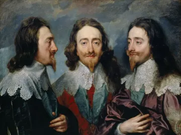 King Charles I shown in three portraits: left profile, frontal view, and right profile.