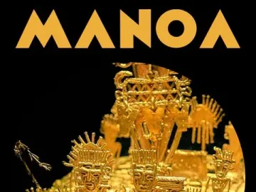 Golden Muisca raft sculpture with a central figure in an elaborate headdress surrounded by smaller figures.