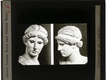 Two black-and-white views of Athena Lemnia showing the head with wavy hair and a band, including a frontal and profile view.
