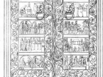 Black-and-white illustration of the Gniezno Doors with two ornate panels filled with relief scenes and lion-head knockers.