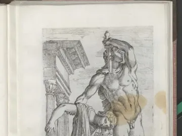 Black-and-white print of the Ludovisi Gaul showing a semi-nude male with a sword at his neck supporting a collapsing draped woman.
