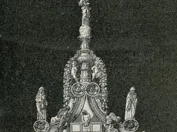 Engraving of the Arca di San Domenico, a tall multi-tiered sculptural monument with carved figures, relief scenes, and a statue at the top.