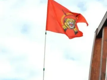 Broken Chair sculpture with a man standing on it and holding a red flag against a cloudy sky.