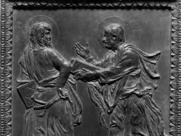 Bronze relief panel from Donatello’s Door of the Apostles showing two bearded robed figures, one holding a cross and the other a staff and book.