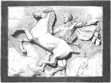 Parthenon metope relief showing a rearing horse beside a bearded draped man.