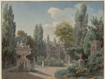 The Fountain of Diana with a reclining female figure, a deer, and a two-tiered basin in a tree-filled park.