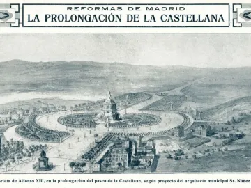 Monument to Isabella of Castile rising in the center of a large circular plaza in an urban plan illustration.