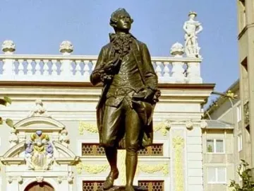 Goethe Monument, a bronze statue on a stone pedestal in front of an ornate building in Leipzig