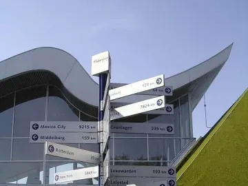 Madurodam signpost pointing to cities worldwide beside a modern building with a wavy roof and a pond in front.