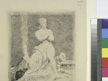 The Resistance shows a nude woman seated on a cannon barrel with her arms crossed, with industrial buildings in the background.