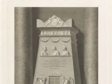 The Monument to the Royal Stuarts, with fluted columns, three male busts in relief, and mourning winged figures beside the central doors.