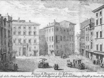 Pasquino statue in a busy piazza with surrounding classical buildings, people, and horse-drawn carriages.