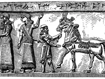 Black Obelisk relief showing a bearded man leading a richly adorned horse beside two robed figures.