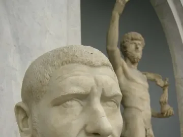 Marble bust of Philip the Arab with a close-cropped hairstyle, short beard, and a repaired mark across the nose.