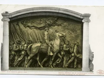 Shaw Memorial bronze relief with a mounted leader, marching soldiers, and a winged figure above them.