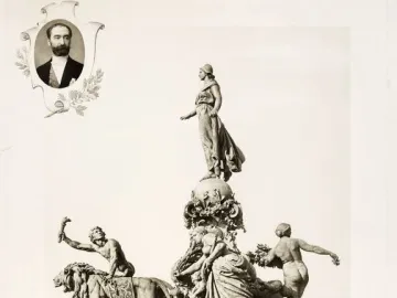 The Triumph of the Republic monument with a female figure atop a globe, allegorical figures below, and a framed portrait in the upper left.