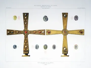 Two detailed views of the Cross of the Angels, showing one jeweled side and one side with Latin inscriptions and medallions on a pedestal.