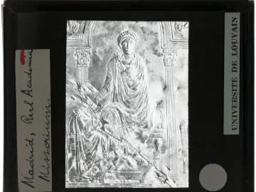 Detail of the Disc of Theodosius showing a seated crowned figure beneath an arched canopy flanked by columns.