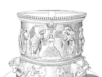 Engraving of the Baptismal Font at St Bartholomew\'s Church, showing an ornate cylindrical basin with biblical relief scenes and oxen supporting the base.