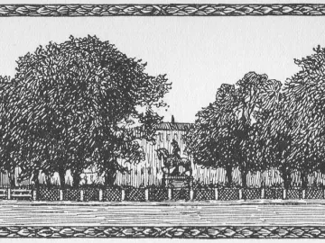 Christian V equestrian statue in a park-like setting with large trees and a building in the background.
