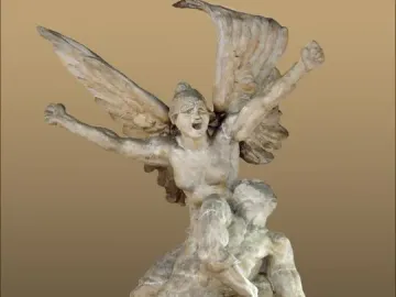 La Défense de Paris bronze sculpture with a winged female figure above a swordsman and smaller figure below.