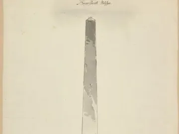 Ink wash drawing of the Obelisk at Slottsbacken with a pointed obelisk on a pedestal and stepped base.