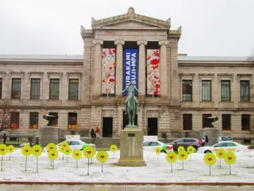 Appeal to the Great Spirit statue in front of the Museum of Fine Arts Boston on a snowy day