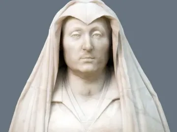 Marble bust of Camilla Barbadori with a draped hooded veil and dark marble base.