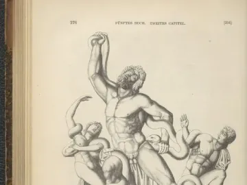 Laocoön and His Sons shown in a grayscale illustration, with three figures entangled in snakes.