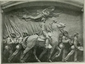 Shaw Memorial relief sculpture showing marching soldiers, an officer on horseback, and a winged figure above them.