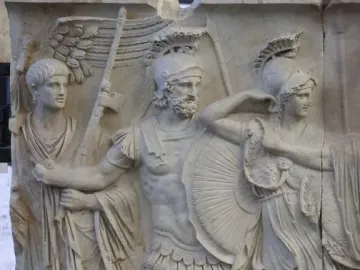 Cancelleria Reliefs showing Mars, Minerva, and a winged Victory in a white marble relief