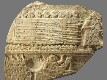 Fragment of the Stele of the Vultures showing carved figures and cuneiform inscriptions.