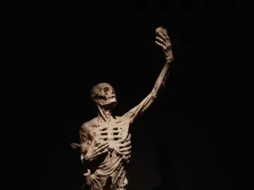 Transi of René of Chalon showing an emaciated skeletal figure holding a heart aloft