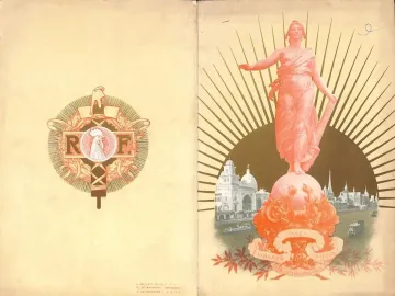 Decorative menu cover showing The Triumph of the Republic, with a female figure standing on a globe, a sunburst, and the words Paix, Liberté, and Fraternité.