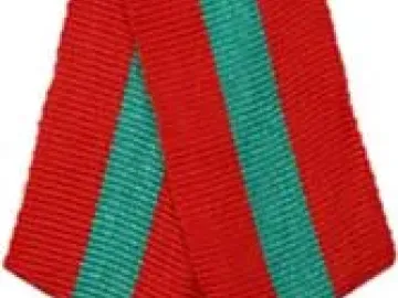 Bronze medal on a red ribbon with teal stripes, showing a mounted figure and Cyrillic text.